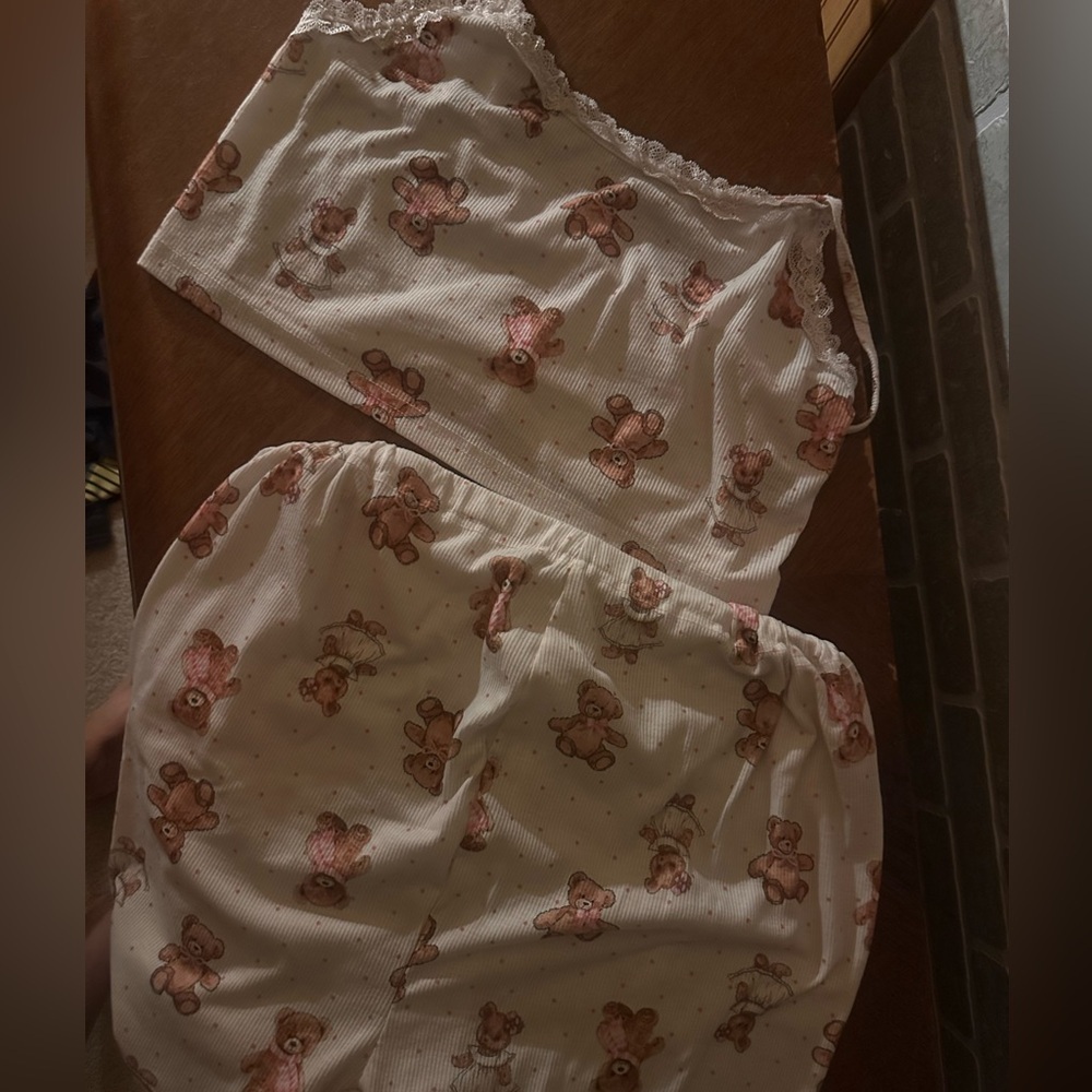 SHEIN White and Pink Teddy Bear Maternity Pajama Set